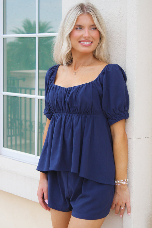 Fresh Start Puff Sleeve Top - Navy