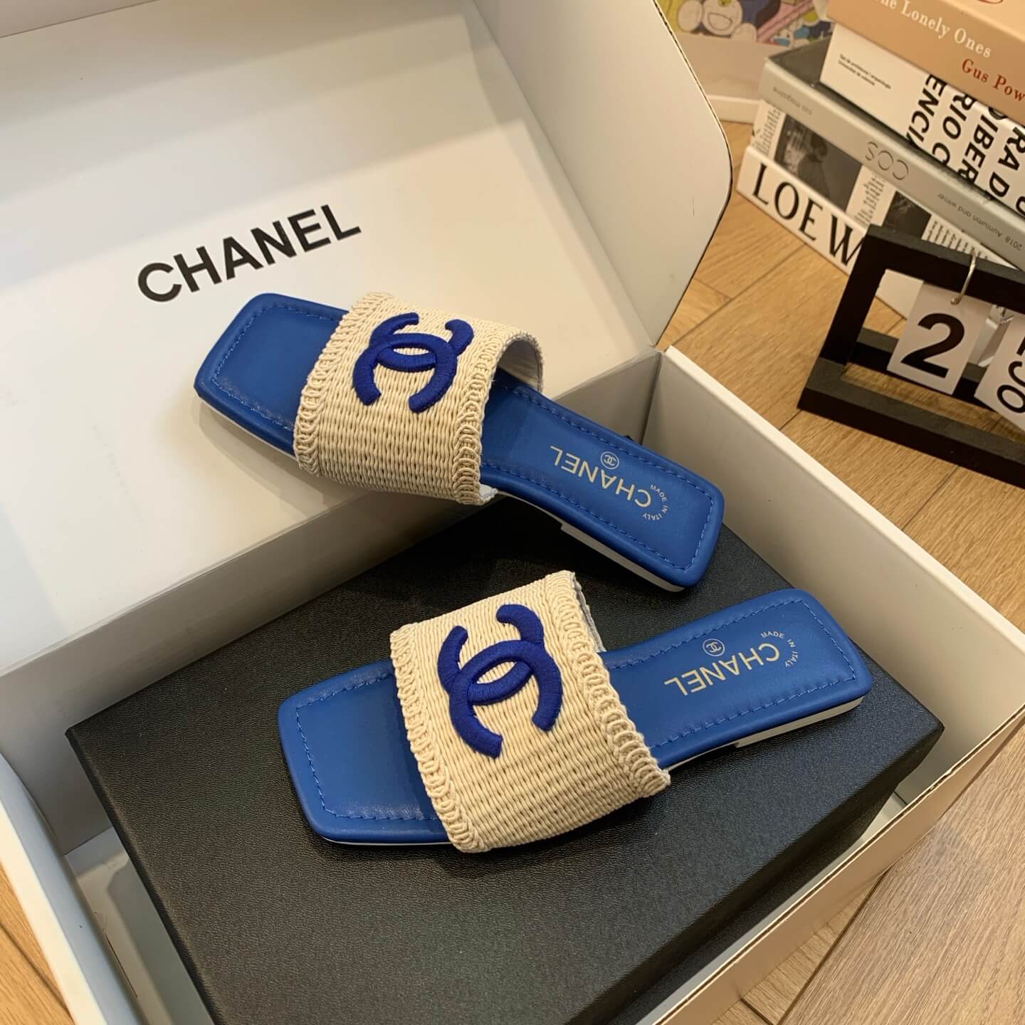Vacation Style Square-Toe Woven Blue Sandals