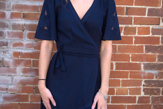 Cutout Embroidered Wrap Midi Dress