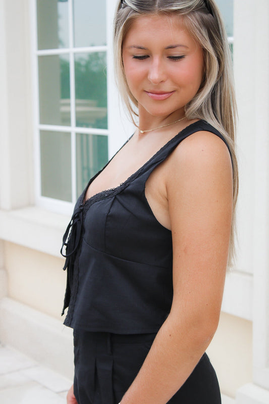 Nashville Nights Tie Front Sleeveless Top - Black