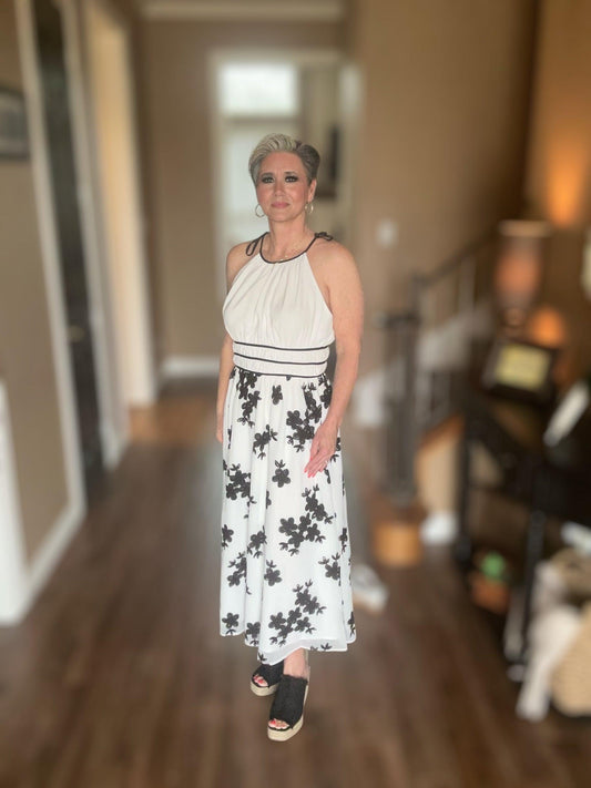 Embroidered Halter Midi Dress