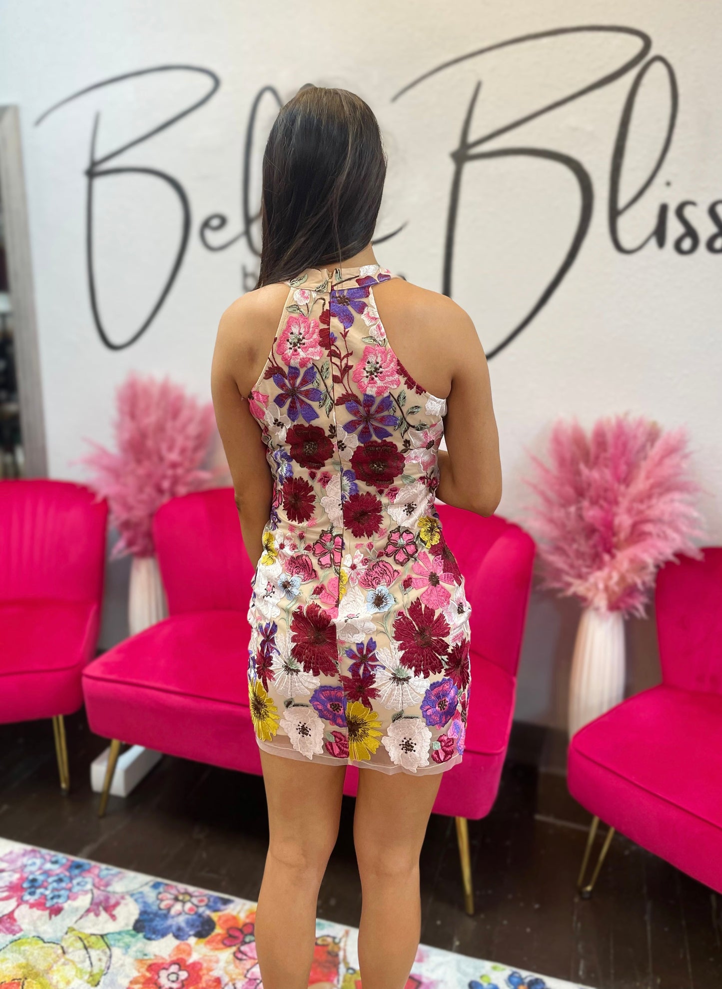 Floral Embroidery Halter Mini Dress