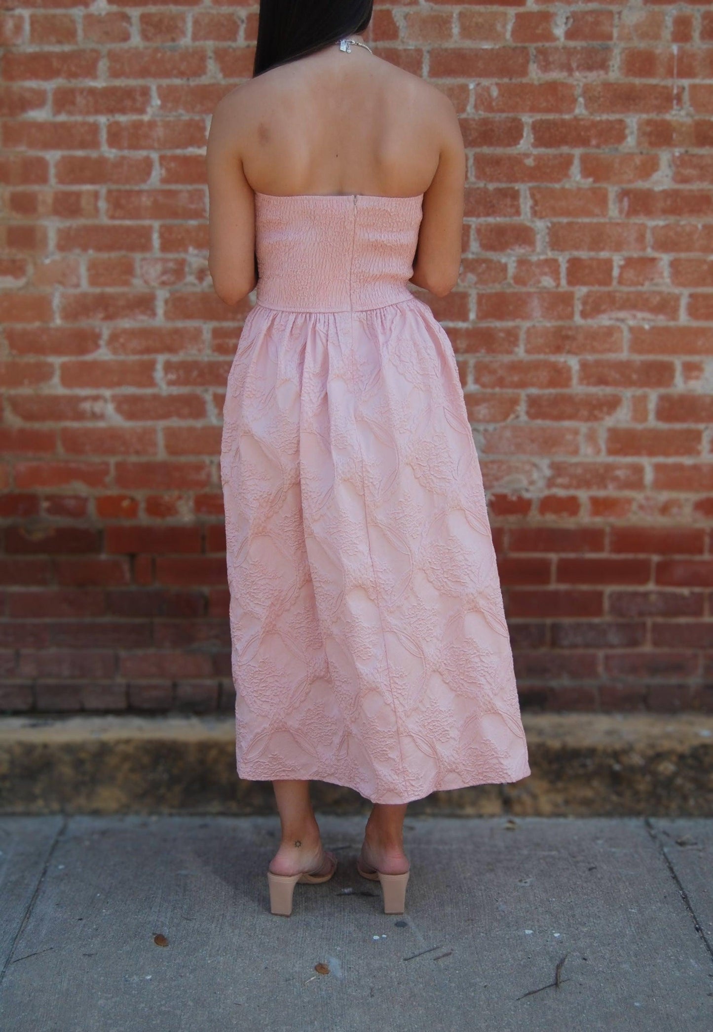 Strapless Embossed Midi Dress