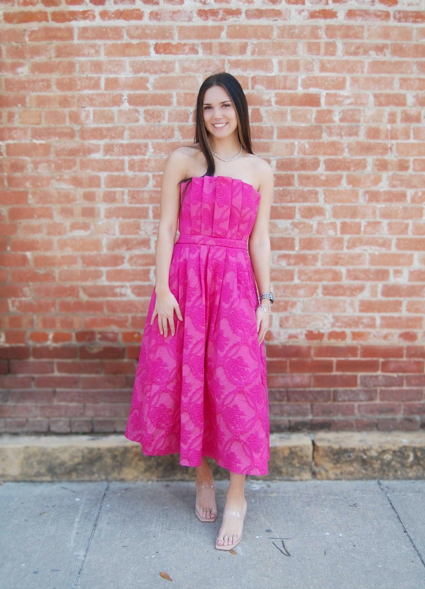 Strapless Embossed Midi Dress