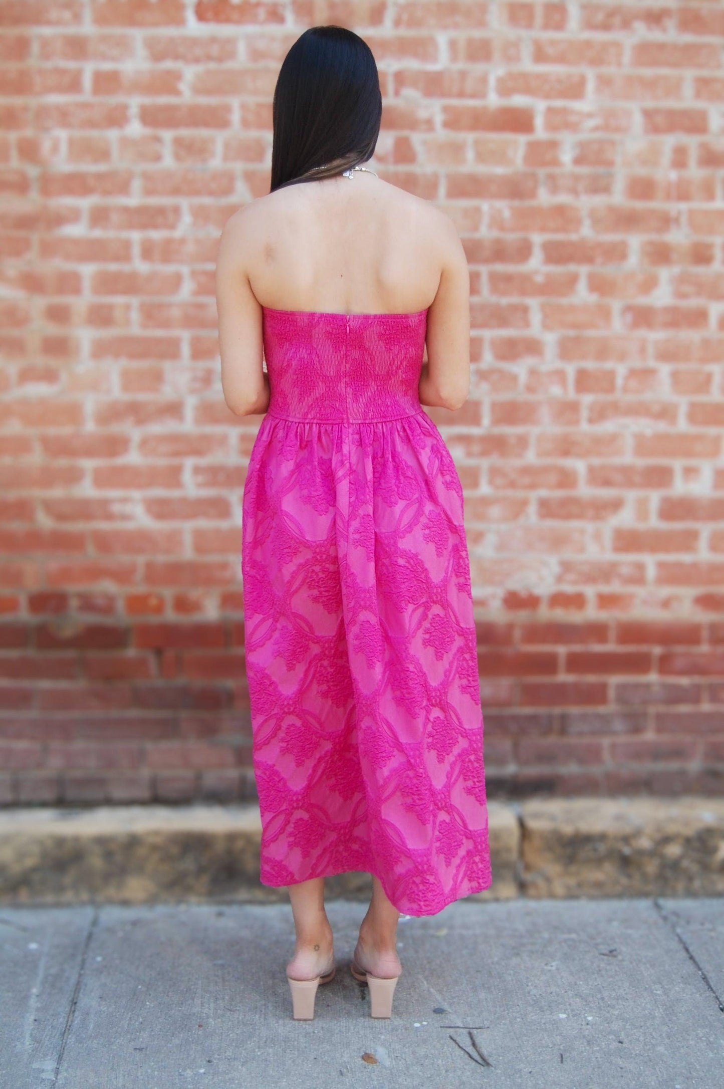 Strapless Embossed Midi Dress