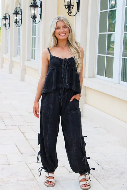 Effortless Days Mineral Washed Ribbon Tie Pants - Black