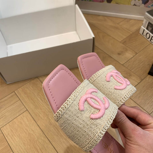 Vacation Style Square-Toe Woven Pink Sandals