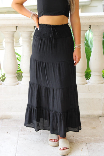 Cascading Days Smocked Maxi Skirt - Black