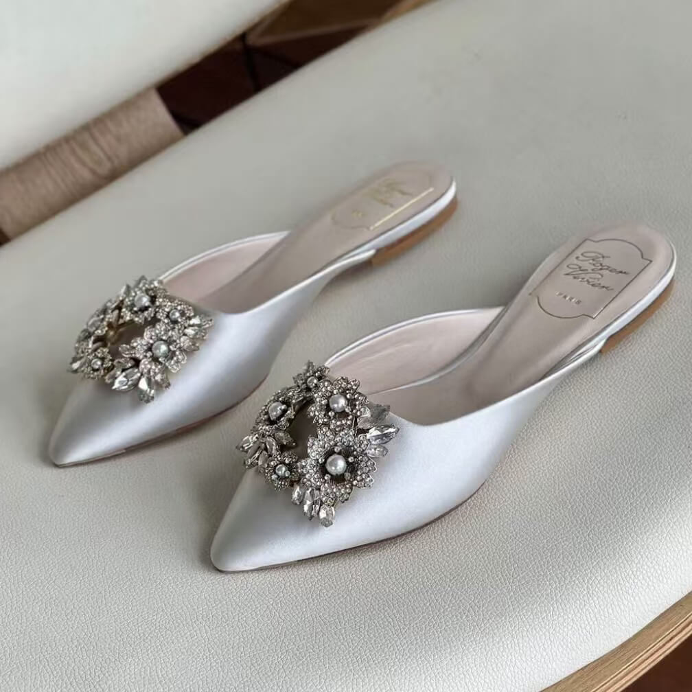 Pearl Snowflake Buckle Diamond Satin Sandals