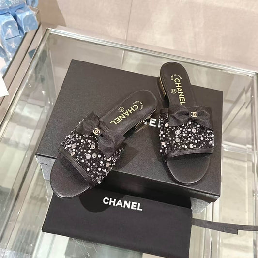 Elegant Black Sequined Bow Sandals