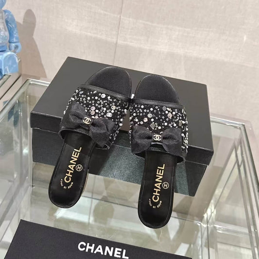 Elegant Black Sequined Bow Sandals