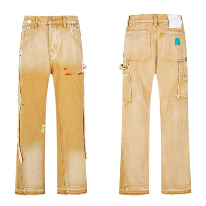 Yellow Graffiti Splash Paint Washed Denim Pants