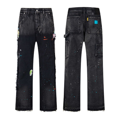 Black Graffiti Splash Paint Washed Denim Pants