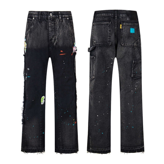 Black Graffiti Splash Paint Washed Denim Pants