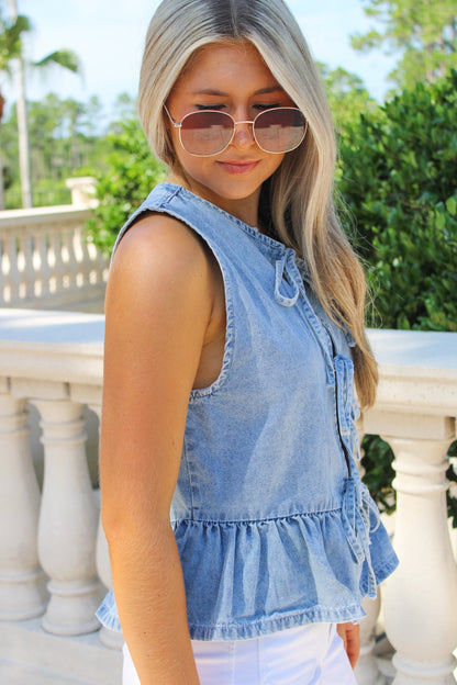 Tied In Denim Ruffle Top - Lt. Denim