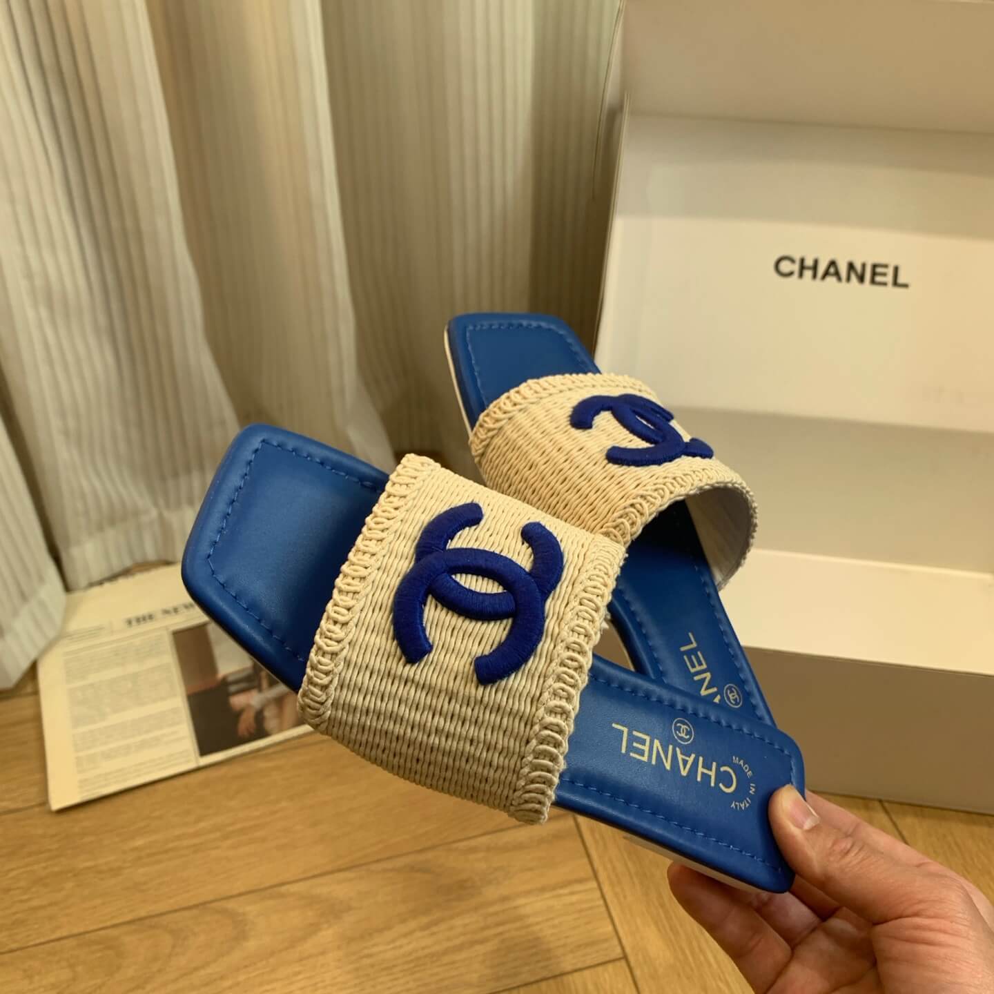 Vacation Style Square-Toe Woven Blue Sandals