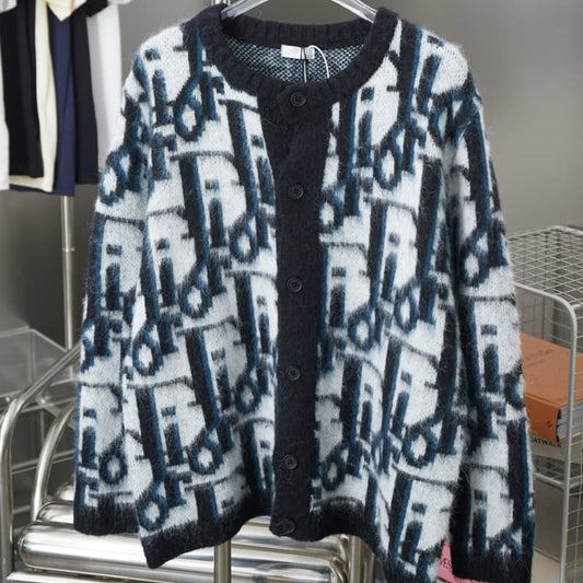 Mohair All-Over Jacquard Knit Cardigan Sweater