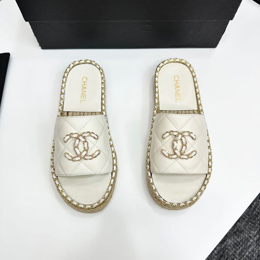Runway Edition Leather-Patch Woven White Sandals