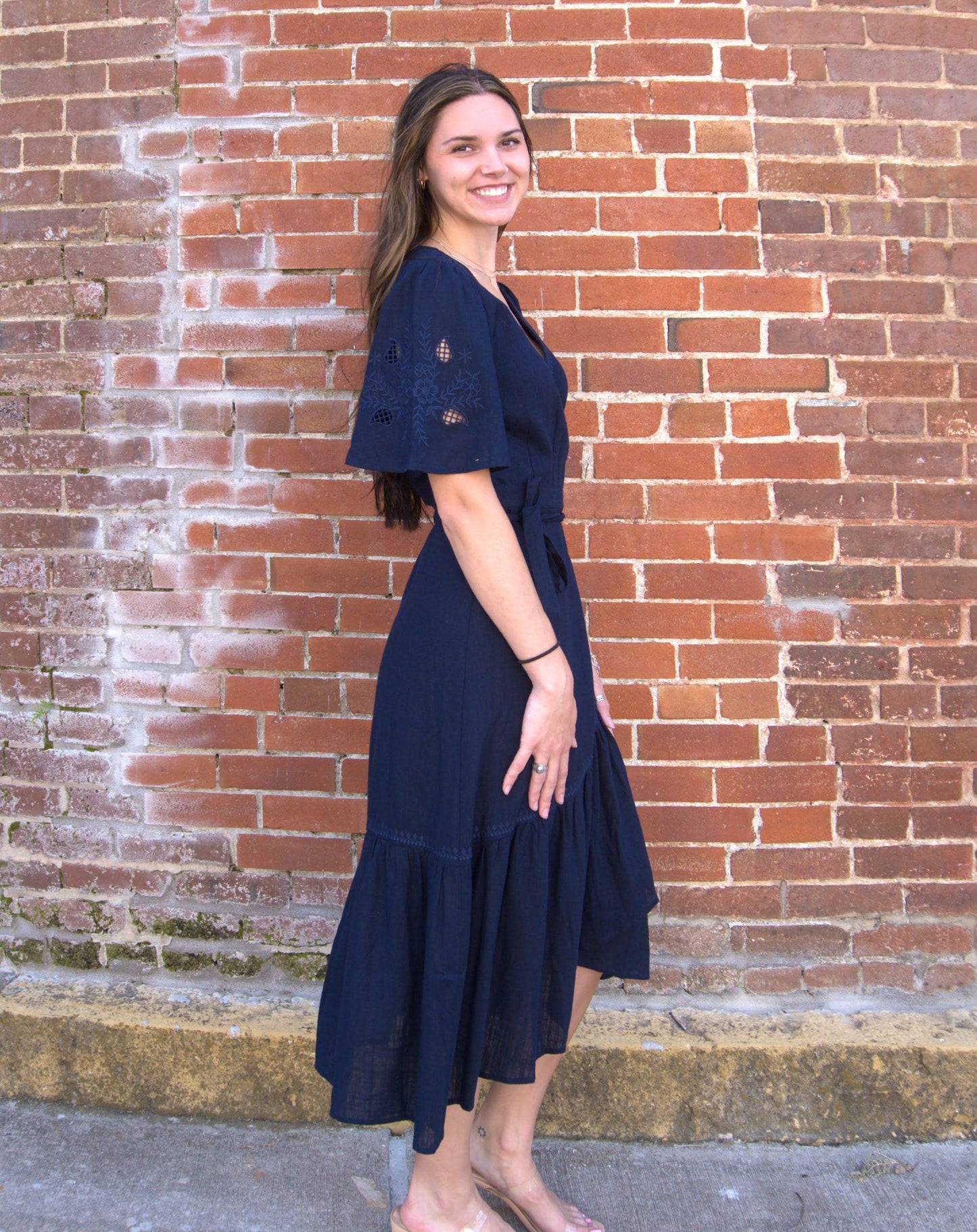 Cutout Embroidered Wrap Midi Dress