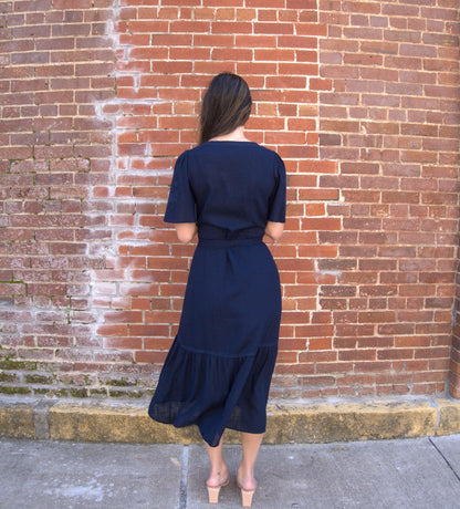 Cutout Embroidered Wrap Midi Dress