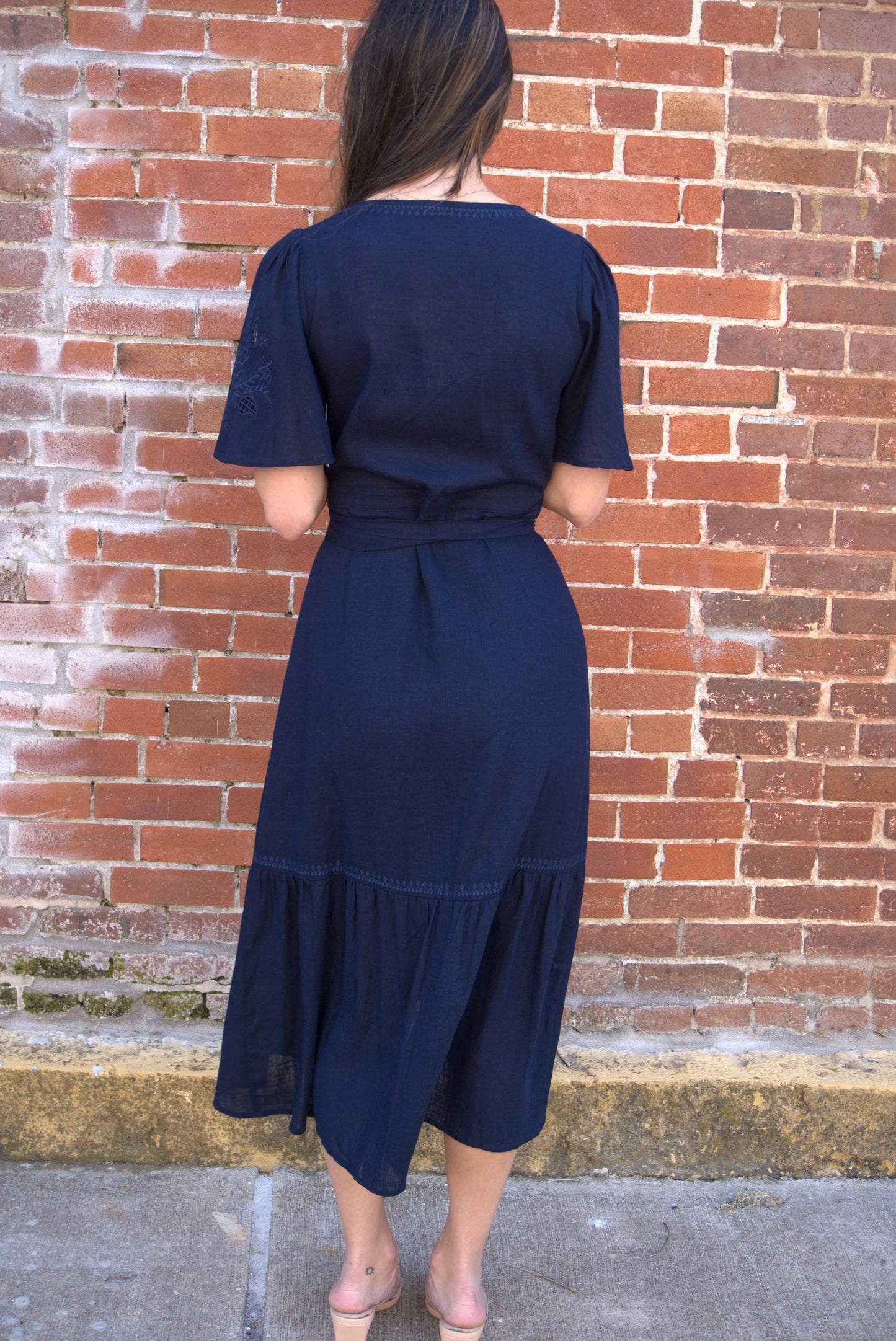 Cutout Embroidered Wrap Midi Dress