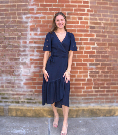 Cutout Embroidered Wrap Midi Dress