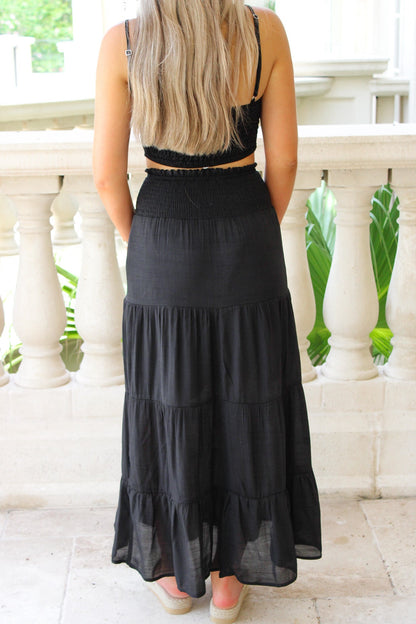 Cascading Days Smocked Maxi Skirt - Black