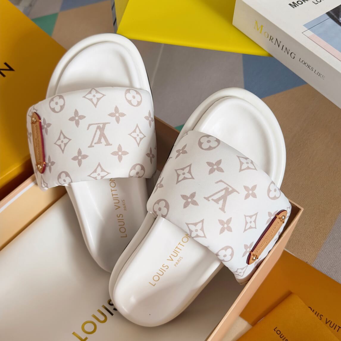 Classic Hook-and-Loop All-Over Print White Sandals