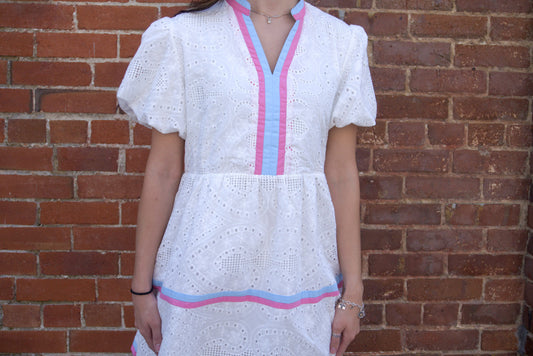 Eyelet Puff Sleeve Mini Dress