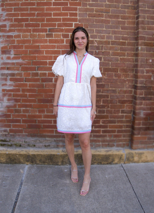Eyelet Puff Sleeve Mini Dress