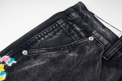 Black Graffiti Splash Paint Washed Denim Pants