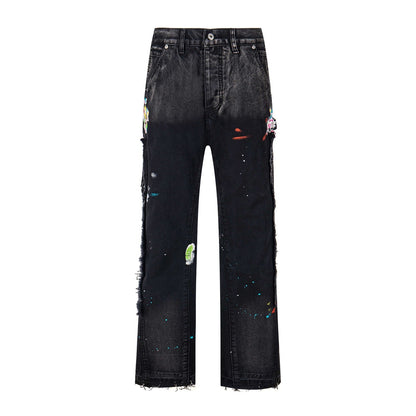 Black Graffiti Splash Paint Washed Denim Pants