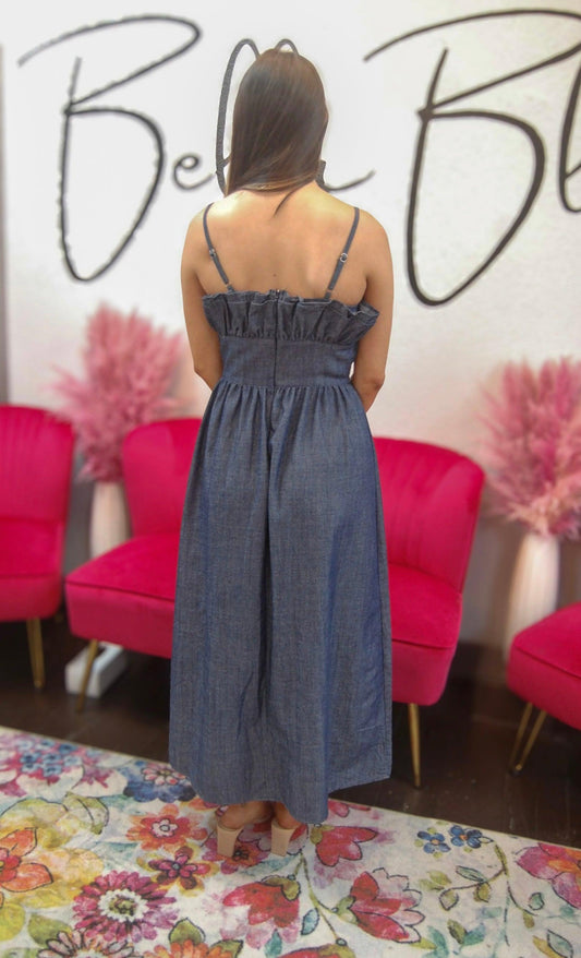 Ruffle Denim Maxi Dress
