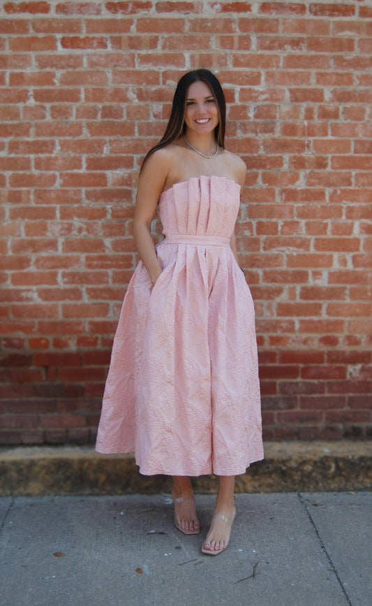 Strapless Embossed Midi Dress