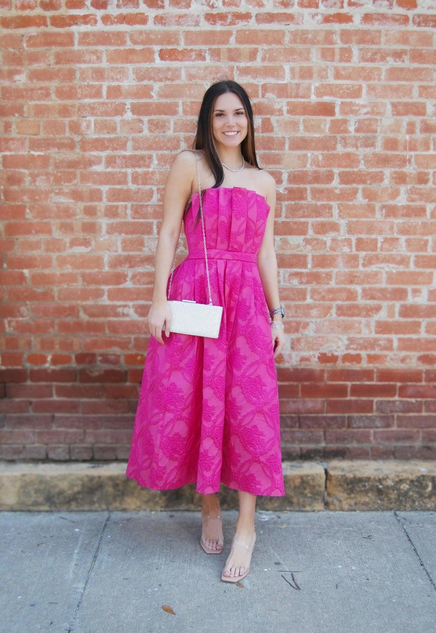 Strapless Embossed Midi Dress