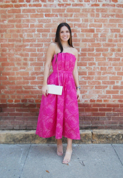 Strapless Embossed Midi Dress