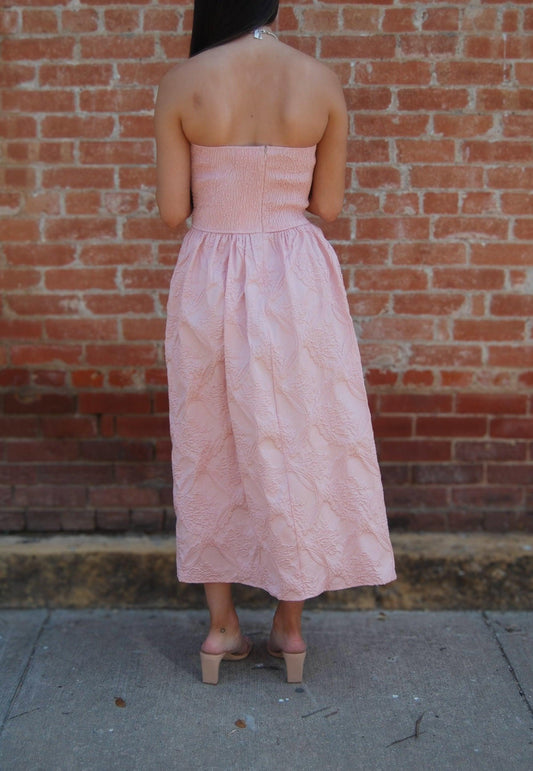 Strapless Embossed Midi Dress